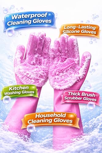 Image of Gloves Magic Silicone Dish Washing Gloves, Silicon Cleaning Gloves, Silicon Hand Gloves for Kitchen Dishwashing and Pet Grooming, Great for Washing Dish, Car, Bathroom (Pink, 1 Pair)