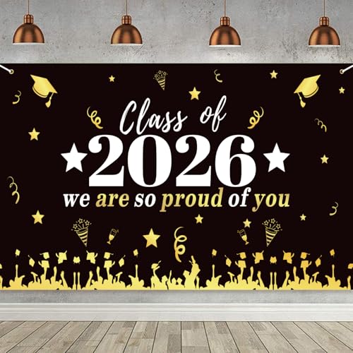 GOZINA Class of 2026 Banner Congratulations Graduation Decorations Banners Large Prom Decorations 2026 Banner Black and Gold Graduation Party Supplies for High School