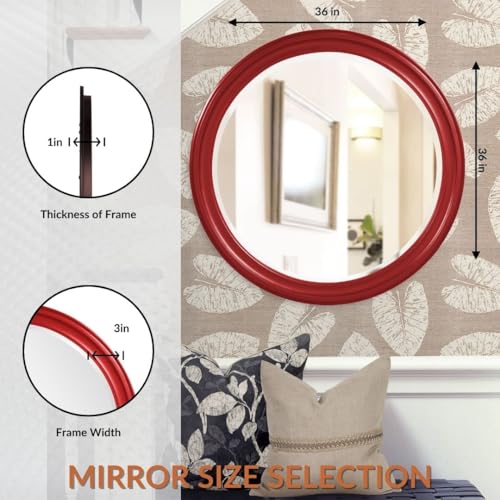 Image of Howard Elliott Collection George Round Glossy Red Wall Mirror, Bevelled Vintage Hanging Wood Framed Vanity Mirrors for Home Decor, Living Room, Bathroom, Bedroom, or Hallway, 36 Inch Round