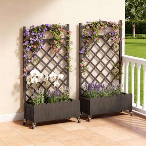 COMHOMA 2 Pack Planter Box with Trellis and Wheels 48In Elevated Raised Garden Bed Drainage Holes Outdoor Lattice for Climbing Flowers Vegetables Patio Balcony Brown