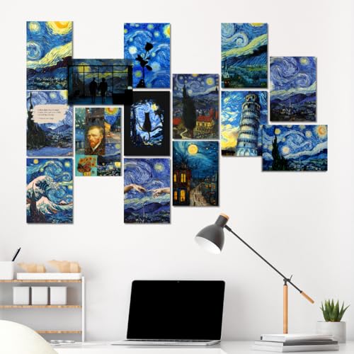 Image of Funk You Store Starry Night Wall Collage Kit Posters (Pack of 14) - 6 x 8 Inches Posters for Wall Decoration - Van Gogh For Bedroom, Office, Living room - Double Tape Included (Starry Night, 14)