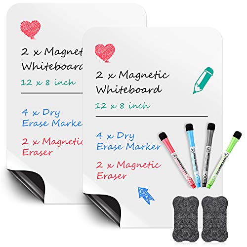 2 Pieces Magnetic Whiteboard Sheet for Fridge 12 x 8 Inch Dry Erase Whiteboard with 4 Pieces Colorful Markers 2 Pieces Whiteboard Erasers for Kitchen Refrigerator Organizer and Planner