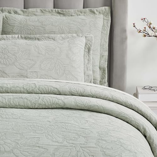 Superior 3 Piece Cotton Bedspread Set, Home Bed Decor, Decorative Bed Spread, 2 Pillow Shams, Medium Weight Blanket, Matelasse Coverlet, Bedding Essentials, Hibiscus Collection, King, Sage