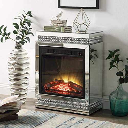 Mirrored Fireplace with Crystal Diamond Inlay, Realistic Electronic Fireplace, Fireplace Mantal with LED Flame No Smoking, Remote Controller and Automatic Timer Fireplace for Living Room Bedroom