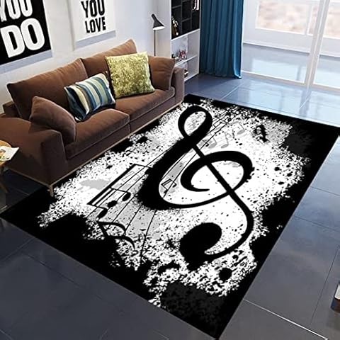 Carpets for Living Room 3D Note Music Art Pattern Flannel Large Area Rugs Black White Teenager Boy Girl Kids Bedroom Decoration Coffee Table Rug Hallway Floor Mat Doormat (Black, 160x200 cm) Cover