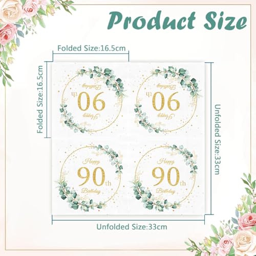 40Pcs 90th Birthday Day Napkins Sage Green Eukalyptus Birthday Day Party Table Decorations Disposable Paper Serviettes for Women Men Him Her Party Decorations - Image 2