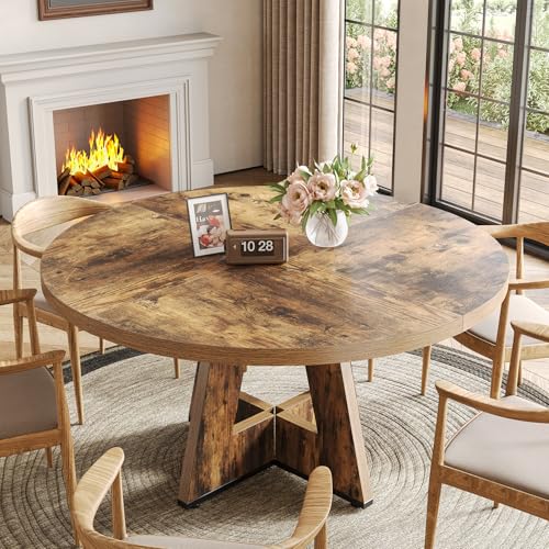 Image of LITTLE TREE Round Dining Table for 4-6 People, 47 Inches Dining Room Table with Wooden Pedestal Base, Circle Kitchen Tables for Dining Room, Kitchen, Living Room, Rustic Brown