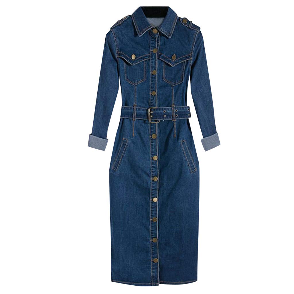 Damen Frühling Sommer Elegant Bodycon Jeanskleid Langarm Rundhals Knopf Knielang Epaulet Denim Blusekleid Partykleid Cocktail Kleid Mit Gürtel Denim Kleider Slim Fit Wickelkleid Knielang Midi Kleid