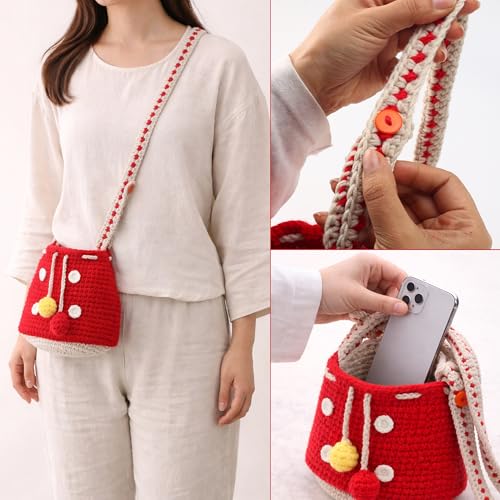 Image of Mushroom Crossbody Purse Tote Bag for Women - Gift Bag Cute Adjustable Strap for Crochet Cottagecore Knitted Drawstring Bag