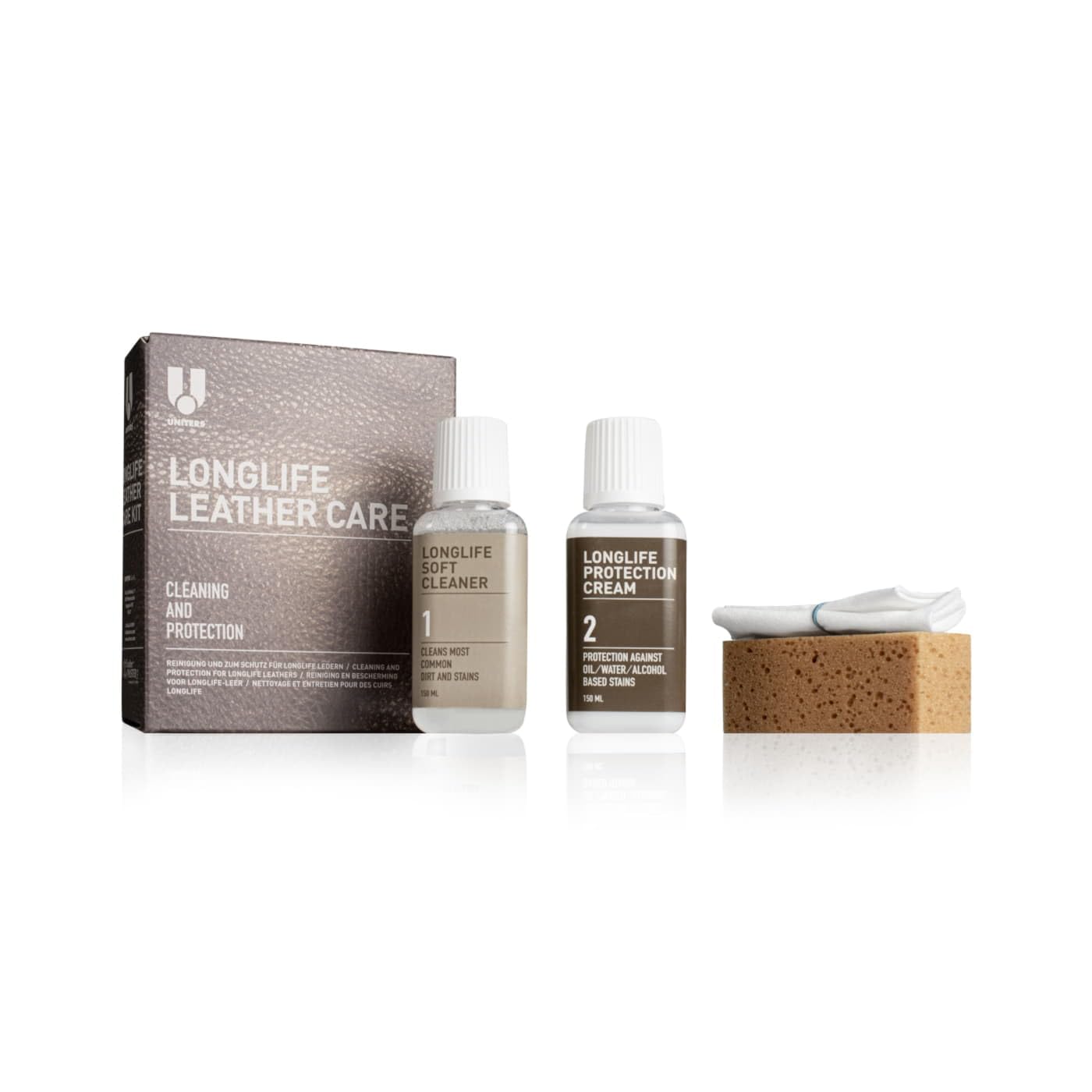 Uniters Longlife Leather Care Kit d'entretien du cuir 2 x 150 ml nettoyant et crème de protection pour cuir avec éponge et chiffon, nettoyage, entretien et protection pour cuir lisse, canapé, fauteuil