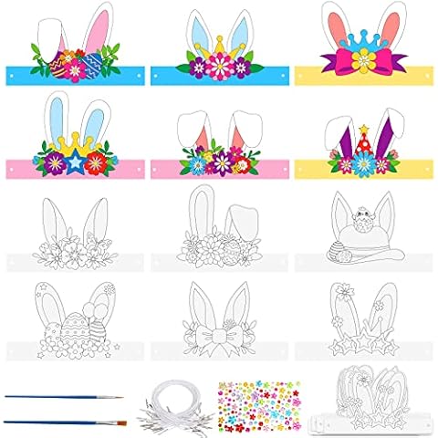 Landifor 24pcs Easter Bunny Ear Headbands Easter Colour-In Bunny Ear Headbands DIY Painting Rabbits Headbands for Children Kid Spring Easter Party Cover