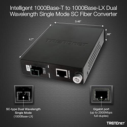 Image of TRENDnet Intelligent 1000Base-T to 1000Base-LX Dual Wavelength Single Mode SC Fiber Media Converter (10km /6.2miles) Fiber to Ethernet Converter, Fiber Port, RJ-45, Lifetime Protection, TFC-1000S10D3