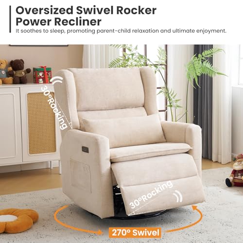 Image of Oversized Swivel Rocker Recliner with Adjustable Headrest, 26 inch Extra Wide Glider Recliner Nursery Chair with Double Cushion, Chenille Glider Rocking Chair for Living Room,Cup Holder,Beige