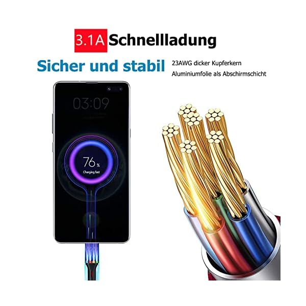 USB C Kabel Lang, [3 Stück 2M] 3.1A Nylon Ladekabel USB C Fast Charge Schnellladekabel Typ C Ladekabel für Samsung… – Bild 3