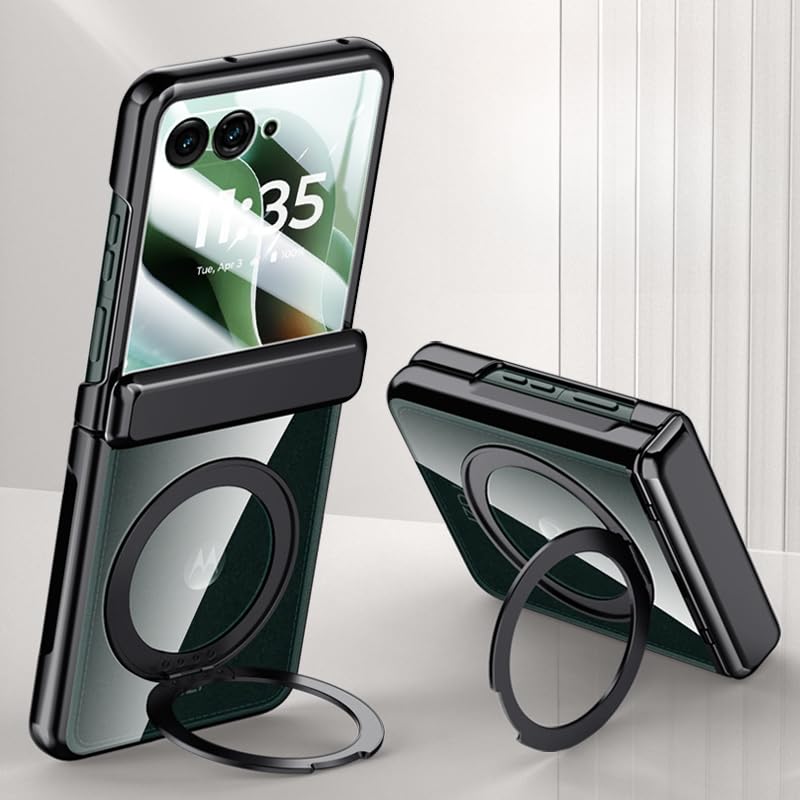 Gruattreay Magnetic Case for Motorola Razr 60 Ultra [Built-in HD Screen Protector] [Support Wireless Charging] 360° Rotating Stand Electroplated Transparent Clear Case (Black)