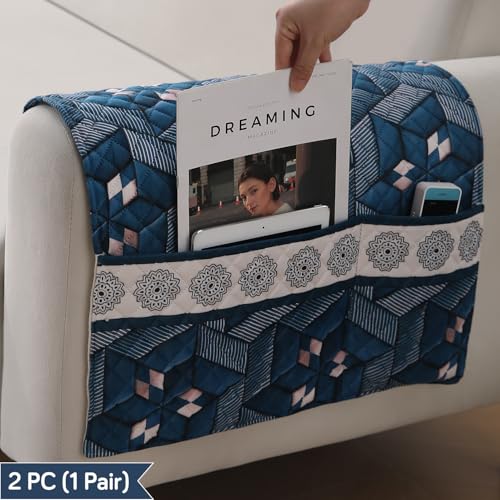 Image of HOKIPO 'LiefNest' Printed Holland Velvet Sofa Armrest Covers | 1 Pair | Geometric Floral Oriental Blue (IN-827-L-D4*2)