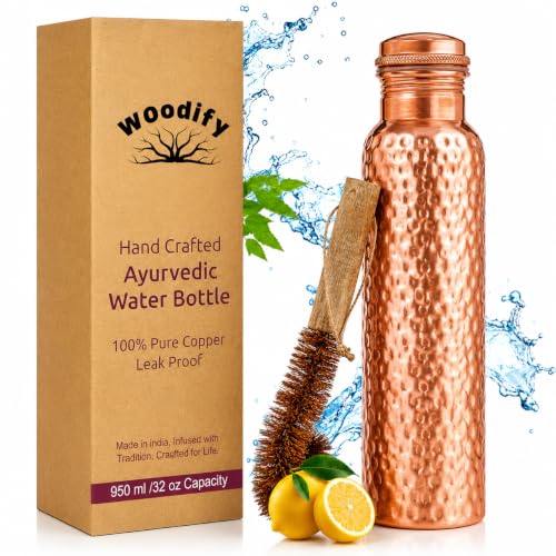 Image of 100% Pure Copper Water bottle 32 Oz with Cleaning brush, Hammered Design | Drink More Water, Lower Your Sugar Intake And Enjoy the Health Benefits Immediately (1 Brush +1Bottle)