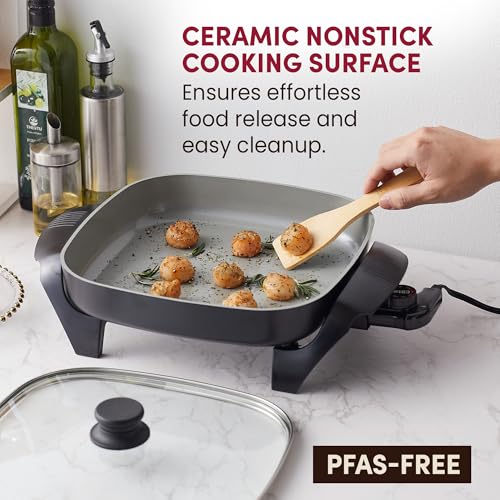 Image of Elite Gourmet Ceralast PFAS-Free Ceramic Electric Skillet, 1200W, Dark Gray | Dishwasher Safe, Rapid Heat-Up Coating, 12 inchx12 inch Cooking Surface, Non-Stick for Everyday Meals - 2.15 inch Deep Design