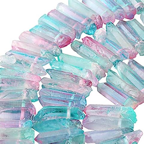 TUMBEELLUWA Rock Quartz Crystal Points Loose Beads for Jewelry Making, Titanium Coated Polished / Raw Quartz Points Beads 15 Inches Top Drilled,Pink/Turquoise Crystal Points(0.5"-1.6") Cover
