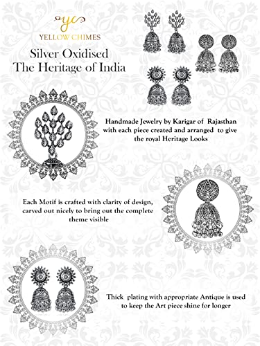 Image of Yellow Chimes Earrings for Women & Girls | Traditional Silver Oxidised Jhumka | German Silver Oxidized Drop Earring Set | Earrings Combo | Accessories Jewellery | Birthday & Anniversary Gift