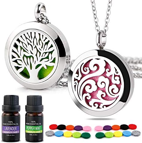 RoyAroma Essential Oil Necklace Gift Set, 2PCS Aromatherapy Essential Oil Diffuser Necklace Two Patterns Pendant Locket Jewelry, 23.6"Adjustable Chain with 2PCS Aroma Oil