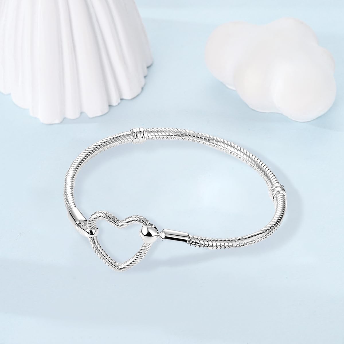 ChenYuTe 925 Sterling Silver Snake Chain Bracelet,Compatible with Pandora Charms Pendant,Heart Shape Bracelet Clasp for Womes Jewellery Gift - Image 2