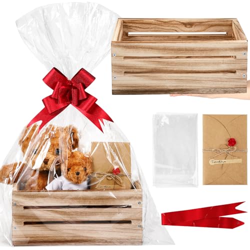 Image of Wonderjune Wooden Baskets for Back to School Gifts Empty Wood Basket with Cellophane Bag Ribbon Greeting Card for Birthday Baby Shower Wedding Housewarming Gifts Packaging(Brown,Large)