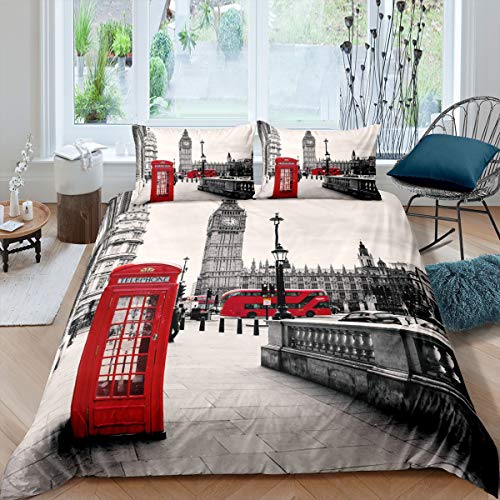 Juego de Funda de edredón Moderna para Cama King Size,Londres, Rojo y Gris