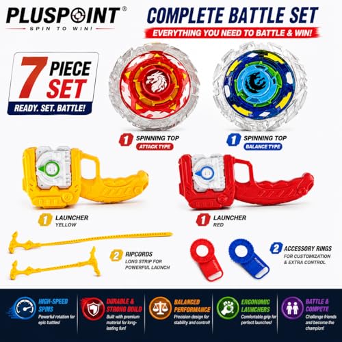 Image of PLUSPOINT 2 Metal Spinning Tops Toy Set with Launcher, Set of 2 Piece Gyro Spin Tops Game for Kids, Fun Competitive Spinning Toy Gift for Boys and Girls Age 6+