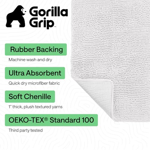 Image of GORILLA GRIP Bath Rug Mat, Thick Soft Absorbent Chenille, Quick Dry Microfiber Mats, Rubber Backing Washable Shower Floor Rugs, US Designed Bathroom Bathmat Home Decor Accessories, 24x17, White