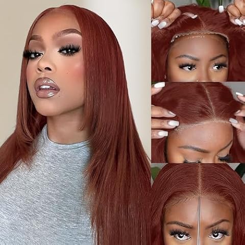 Suntefic Reddish Brown Straight Wear and Go Glueless Wig Synthetic Layered Wigs For Black Women Pre Plucked Pre Cut 4x4 HD Lace Front Wigs Long Straight Auburn Copper Wigs For Daily Use Cover