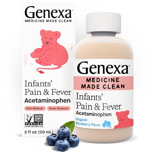 Image of Genexa Infants’ Clean Pain & Fever Acetaminophen, Dye Free, 0% Artificial Additives, Delicious Organic Blueberry Flavor, Liquid Oral Suspension Medicine for Baby, 160 mg per 5mL, 2 fl oz