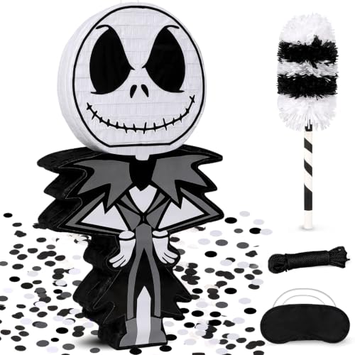Halloween Skeleton Piñata Set - Spooky Black and White Character with Hitting Stick, Blindfold & Confetti - Complete Party Game Kit for Goth Birthday, Trick or Treat & Holiday Decorations