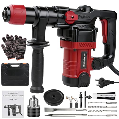 Risegun Marteau Perforateur Électrique SDS-Plus, 1300W 6J Perforateur Burineur avec 6 vitesses 4000 tr/min, perceuse électrique 4 en 1 pour professionnels et bricoleurs