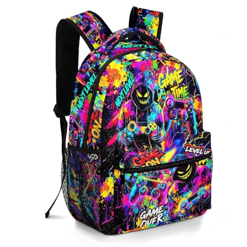 Moduyok Mochila escolar para meninos, meninos, crianças, adolescentes, ensino fundamental, alunos do ensino médio, mochila para livros de 6 a 18 anos, Jogo de graffiti, One Size