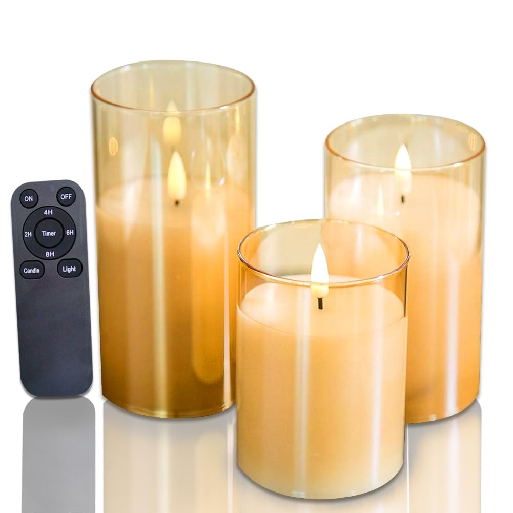 Gold Glass Real Wax Battey Operated Flameless LED Candles Remote Timer 3PCS