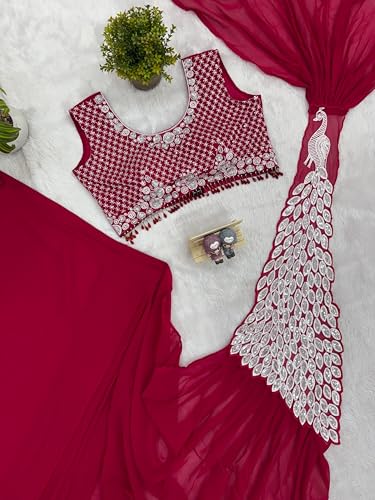 Image of Ready to Wear Faux Georgette Saree with Fully Embroidered Stylish Blouse | Pre-Stitched Saree for women