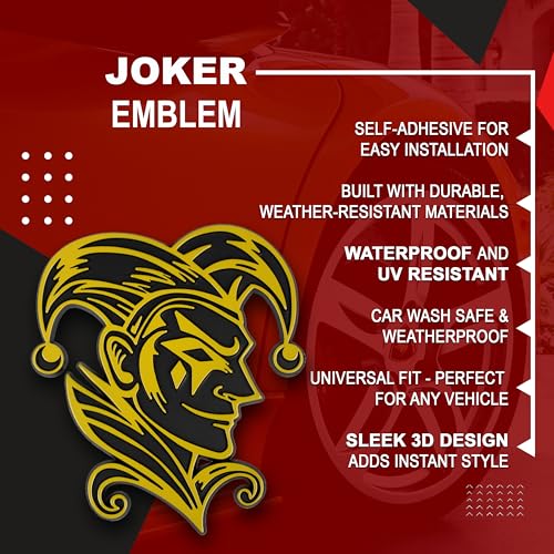 Image of Joker Emblem 3D Jester Badge - Custom Car Decal Sticker for Car, Truck, SUV - Durable Exterior Trunk, Hood, Fender (Set of 2) (Yellow)
