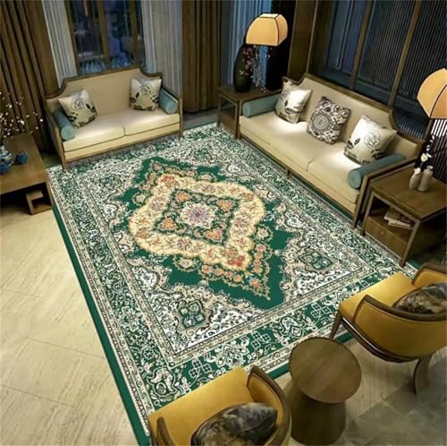 Tapis de salon doux et résistant vert pour grand espace fleuri