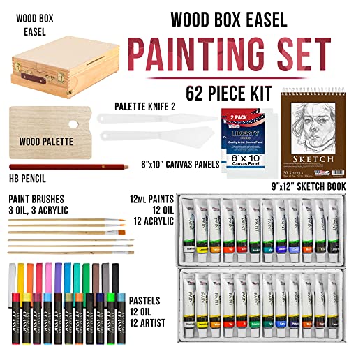 U.s. Art Supply 62-Piece Artist Painting Set With Wood Box Easel And 12 Acrylic Paint Colors, 12 Oil Paint Colors, 12 Oil Pastels, 12 Artist Pastels, 6 Brushes, 2 Canvas Panels, Sketch Pad, Palette #TOP1