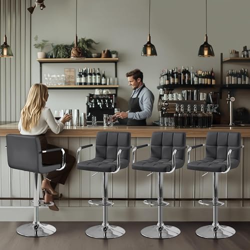 Image of Yaheetech Bar Stools Set of 4, Swivel with Backs, Adjustable Height, Gray
