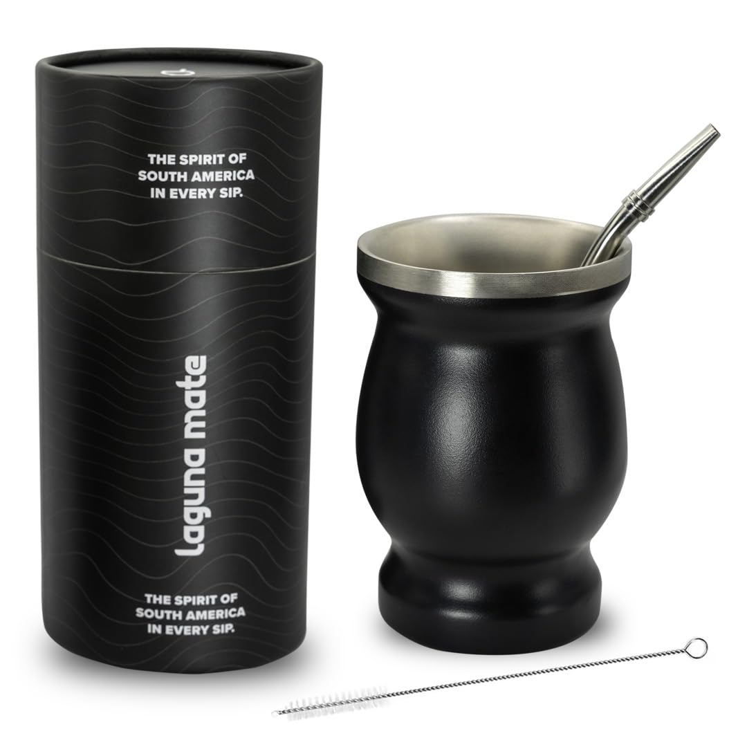 Laguna Mate Stainless Steel Yerba Mate Cup and Bombilla Set-Yerba Mate cup and straw set Includes 1 Yerba Mate Cup, 1 Yerba Mate Container-1 Bombilla Mate (Straw) & 1 Cleaning Brush - Black Color