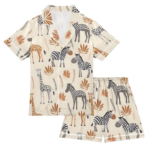 ALAZA African Animal Zebra Giraffe Satin Pajamas Set Short Sleeve Button Down Sleepwear Summer Pjs 2 Piece
