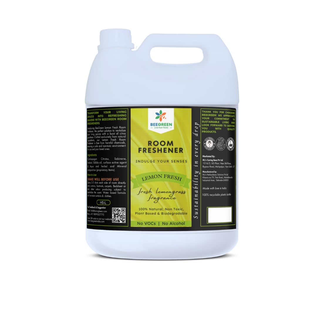 Beegreen Room Freshener Lemon Fresh- 5L, 100% Natural & Plant Based Ingredients, Lemongrass Fragrance, Essential Oils based, Irritant-Free, Chemical-Free for Home, Office & Hotel