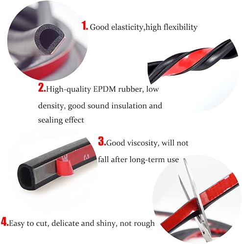 Miniatura 3 de KX Automotive - Sello universal en forma de D para puerta, 0.47 pulgadas de alto x 0.55 pulgadas de ancho, burlete de goma EPDM, autoadhesivo, para