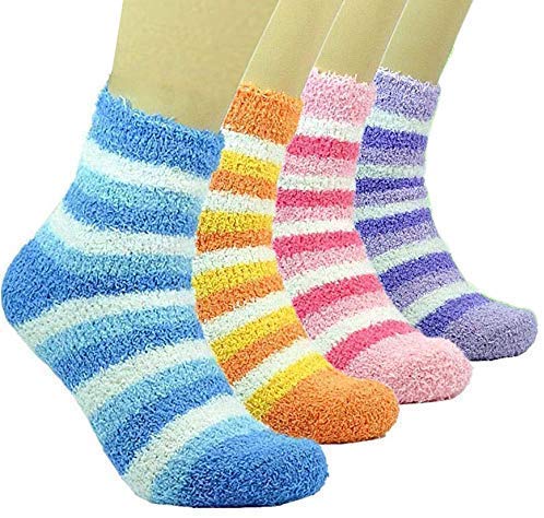Zeki Womens & Girls Fuzzy Winter Warm Feather Slipper Bed Socks Without Thumb (Multicolour, Free Size) - (Pack of 4 Pairs)