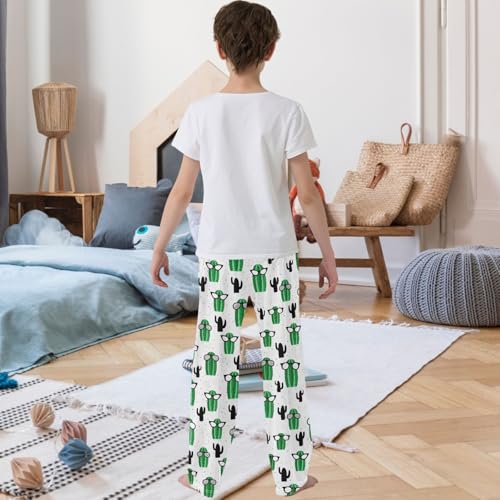 Boy's Lounge Pants Green Cacti with Sunglasses Kids Jogger Pants Elastic Waist Long Bottoms with Pockets 6-14 Years3