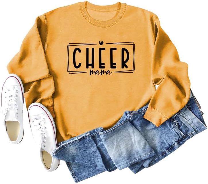 Women's Sweatshirt Cheer Mama Long Sleeve Crew Neck Pullover Cheerleader Cheerleading Mom Life Casual Tee Top Shirts