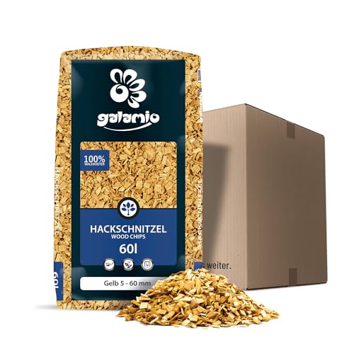 GALAMIO Holzhackschnitzel Gelb Hackschnitzel Mulch Natur Wald Kiefer Pinus Sylvestris Garten Dekor Holz Häcksel Grob 5-60mm 60l Sack / 1 Karton