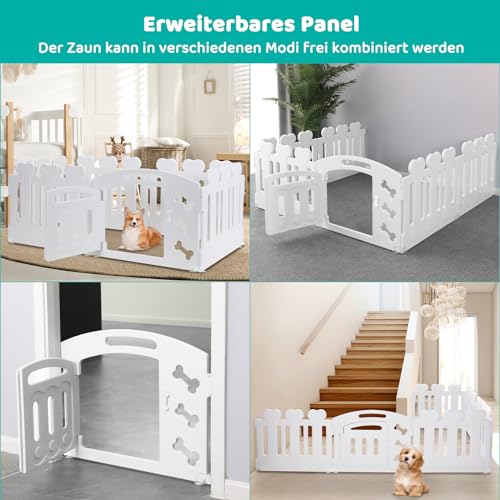 MAMIZO Welpenauslauf 60cm, Laufstall Hund 5+1 PCS Platten, Plastik Welpenlaufstall, Faltbare Hundegitter, Hundezaun mit Tor,Inkl. Saugnäpfe & Erdanker, Hundekäfig für Zuhause und Outdoor, Weiß